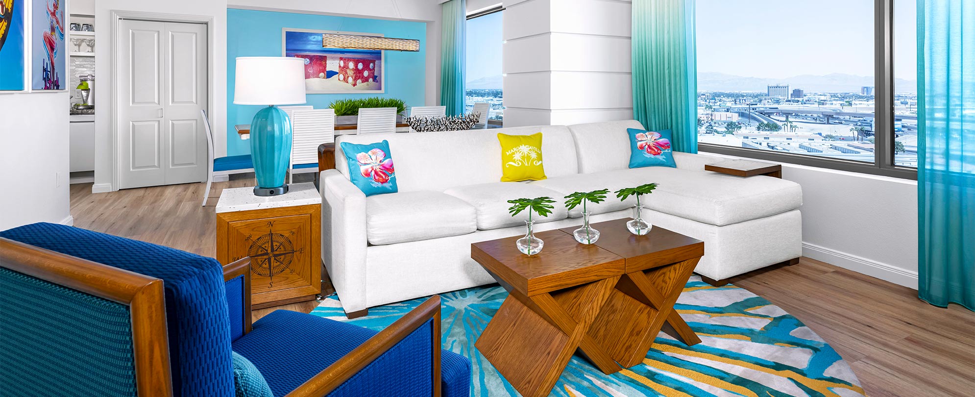 A trendy living room at Margaritaville Vacation Club by Wyndham - Desert Blue in Las Vegas, NV.