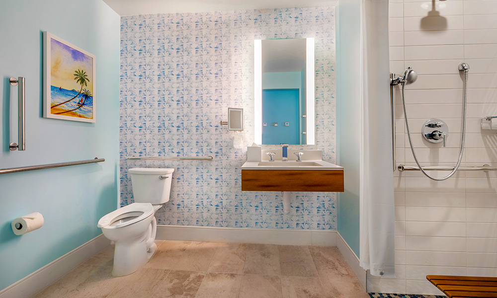 A Margaritaville Vacation Club Studio suite bathroom at the Nashville, TN resort. 